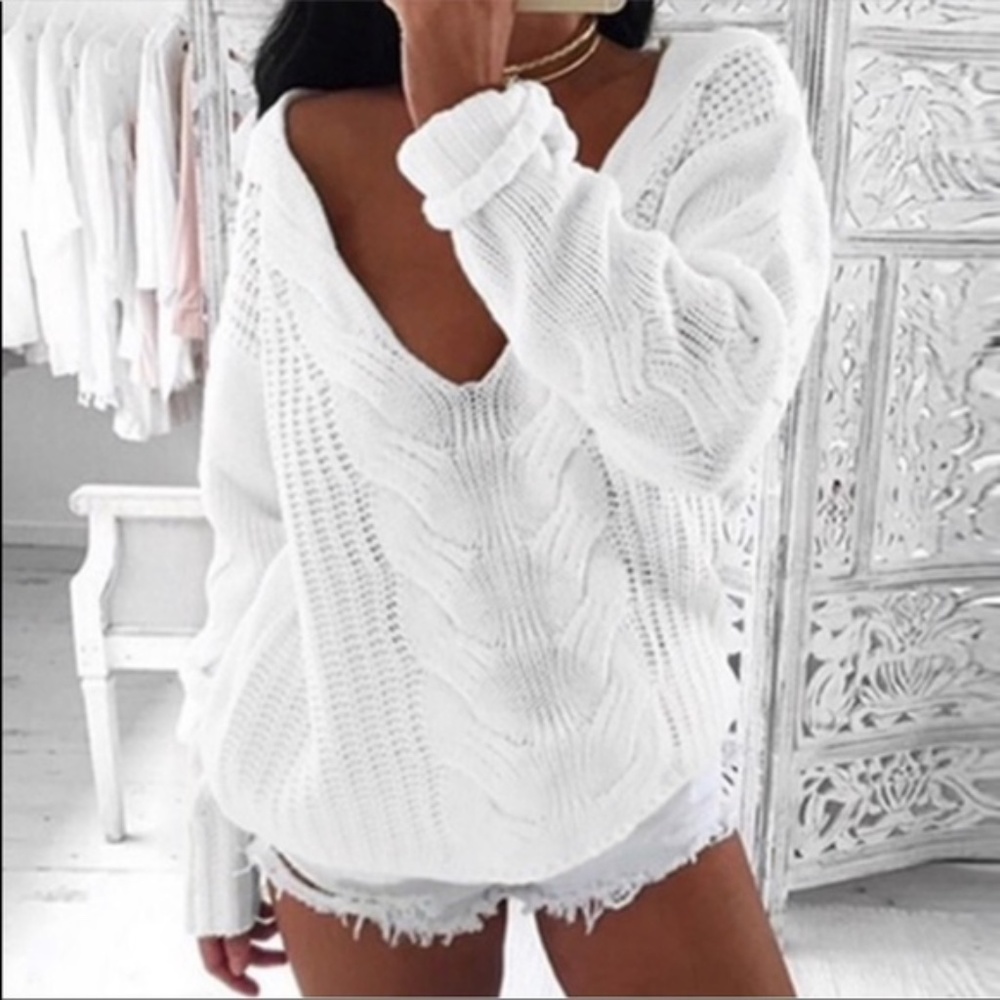 Off white fall autumn knit vneck sweater - Picture 6 of 9